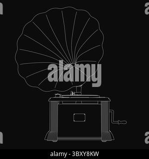 An old gramophone stands out against a solid black background, rendered in striking black and white. The intricate details of the turntable, horn, and Stock Vector