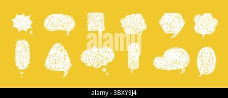 Balloon speech crayons. Kids text boxes Set with Crayon doodles and chalk scribble. White cartoon dialogue boxes on yellow background Stock Vector
