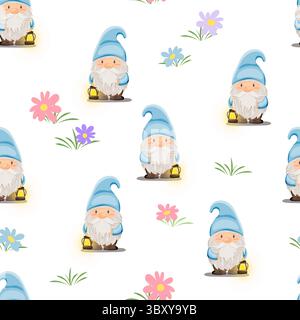 Seamless pattern with blue gnomes and colorful flowers Stock Vector