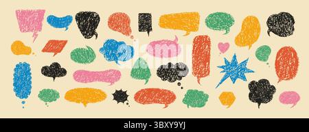Crayon Speech Bubble set. Various colorful text boxes with charcoal texture. Kids doodle drawing. Vector chat frames in trendy Y2K Style Stock Vector