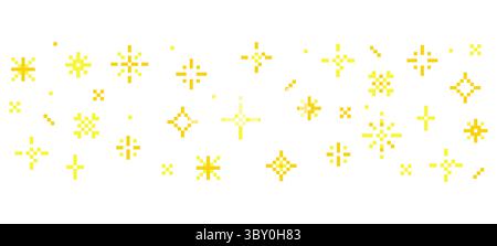 8 bit pixel sparkle border in retro style stars and crystals for games UI retro designs or web Minimalist 90s Y2K pixel star collection.Firework burst, space decoration. . Vector illustration Stock Vector