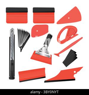 Vehicle Tint Squeegee PPF Tools Car Wrap Kit Corner Shank Scraper Window Water Wiper Knife Blade Cutter Car Paint Protective Illustration Stock Vector