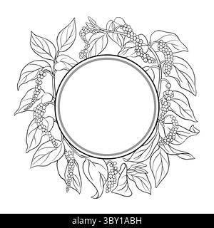 Black Pepper Outline Round Frame. Stock Vector