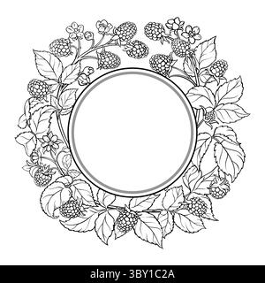 Boysenberry Branch Outline Round Frame. Stock Vector