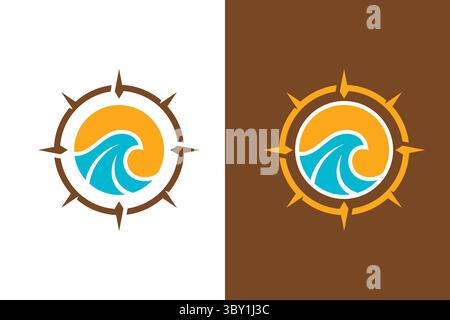 Wave Summer Logo with Compass Frame Circle Business Tour Travel Beach Outdoor Resort Stock Vector
