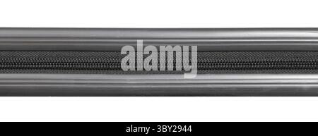 Black zipper on suitcase. Close up detail of travel luggage zip mechanism. Horizontal view with empty copy space. Practical modern texture design. Stock Photo