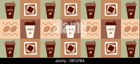 Coffee and tea geometric pattern in Bauhaus style. Abstract print background with simple shapes for coffee shop, food packaging, menu. Stock Vector