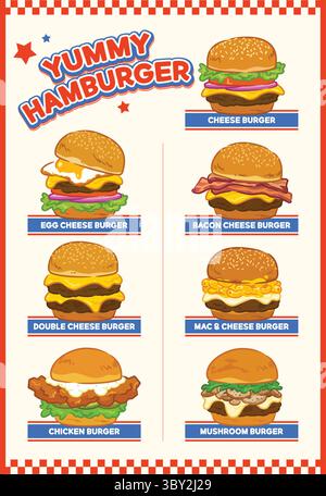 Yummy Hamburger Menu Illustration, 8 Types of Cute Burger Icons, Food Vector EPS Stock Vector