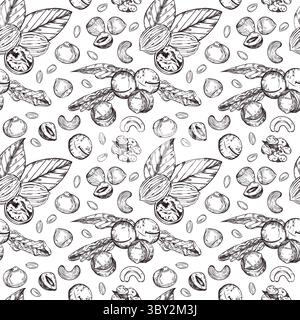 Seamless vector pattern. Walnuts, hazelnuts, macadamias, peanuts, cashews, leaves. All objects are hand-drawn in vector. The illustration is suitable Stock Vector