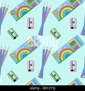 Seamless pattern with colored pencils, sharpeners, and rainbow themed packaging on blue background. For back to school theme, school supplies or stati Stock Vector
