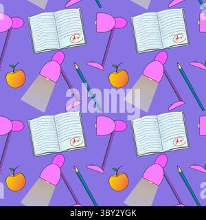 Seamless pattern with vector school desk lamps, notebooks, pencils, and apples on a purple background. For back to school theme, school supplies or st Stock Vector