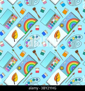 Seamless pattern with vector illustration painting supplies, sketchbooks, rainbows, and color palettes on blue background. For back to school theme, s Stock Vector