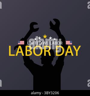 United We Labor Poster with Raised Tool Silhouettes and Stars Stock Vector