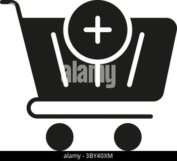 Shopping Cart With Plus Sign Solid Icon. Add To Cart, Online Shopping, And E-Commerce Enhancement Silhouette Symbol. Retail And Consumer Experience Stock Vector