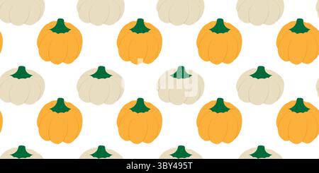 Orange and White Pumpkins Seamless Pattern Banner Format Thanksgiving or Harvesting Themed Backdrop. Isolated Vector illustration Autumn Holiday Themed Cards Background Party Invite or banner, leaflet Stock Vector