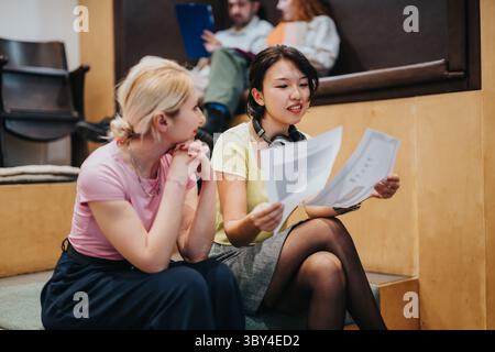 Two business colleagues review documents together in a collaborative workspace Stock Photo