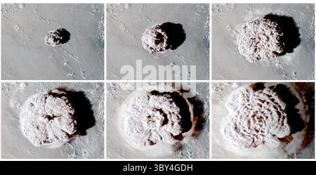 January 19, 2022, Hunga, Tonga: Sequence of still images showing the violent eruption and massive mushroom cloud as it blasts volcanic ash from of the underwater Hunga Tonga-Hunga HaÊ»apai volcano  taken by the GOES-West satellite over the South Pacific Ocean, January 15, 2022 in the Tonga Islands. The explosion sent an ash plume 100,000 feet into the upper atmosphere and tsunami waves as far as California. (Credit Image: © Goes-West Satellite/Noaa/Planet Pix via ZUMA Press Wire) Stock Photo