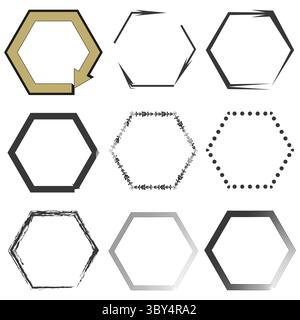 Gold hexagon arrow. Black angular border. Simple abstract frame. Stock Vector