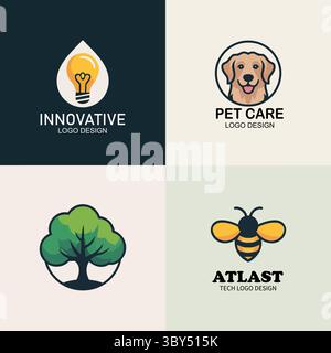 Diverse Logo Design Concepts: Innovation, Pet Care, Nature, and Technology Stock Vector