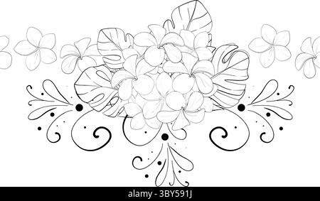 Vector simple tropical seamless summer border, pattern with flowers plumeria. Hand drawn graphic ornament. Black circuit silhouette Stock Vector