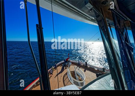 Cruise ship, view from the bridge to the bow, Atlantic Ocean, Puerto Madryn, Argentina, South America Stock Photo
