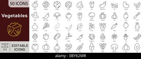 Vegetables Editable Line Icons Set for Healthy Food and Natural Ingredients Stock Vector