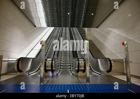 helsinki metro system finland -empty escalators at  espoonlahti esboviken station Stock Photo
