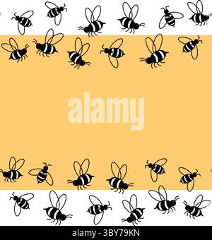 bee honey Horizontal seamless border frame template. Vector graphic line illustration. wreath frame with honey bee, bumble bee sea buckthorn. For logo Stock Vector