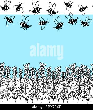 Black line lavender flower with bees Horizontal seamless border frame template. Vector graphic line illustration. Cute provance Vintage retro sketch e Stock Vector