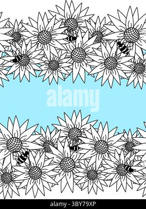 Sunflower with bees Horizontal seamless border frame template. Vector graphic line illustration. wreath arrangement design. Perfect for cards, decorat Stock Vector