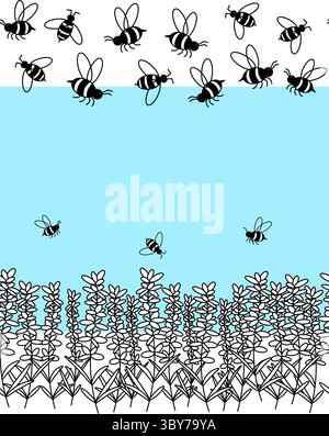 Lavender and bees Horizontal seamless border frame template. Vector graphic line illustration. Purple wildflowers with bumblebees. Fragrant herb. Plac Stock Vector