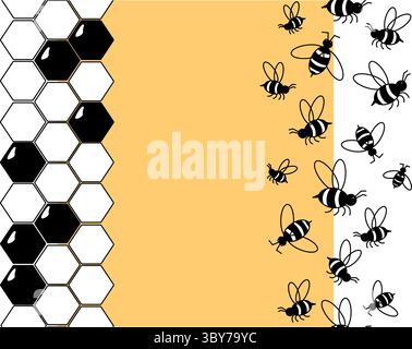Bees and honeycombs vertical seamless border frame template. Vector graphic line illustration. Apiculture decoration, beekeeping frame. Cartoon insect Stock Vector
