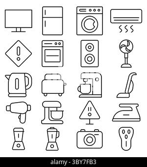 A collection of simple line art icons depicting various household appliances and electronics. Perfect for illustrating modern home life and interiors. Stock Vector