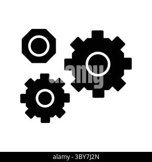 This black and white illustration showcases three gears and nuts, representing mechanical components essential for design and engineering applications Stock Vector