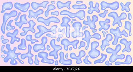 Blue glossy water liquid shapes, droplets background with psychedelic fluid blobs. Bundle of monochrome y2k bubbles with light 3D effect. Set of inten Stock Vector