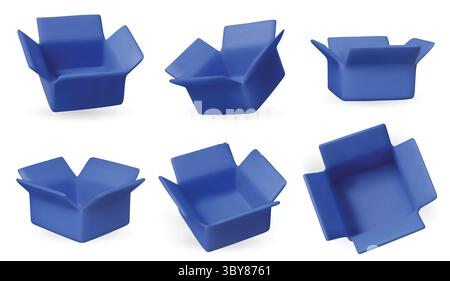 Collection of isometric open boxes on white background. Ideal for delivery, shipping, packaging, and online store visuals. Stock Vector