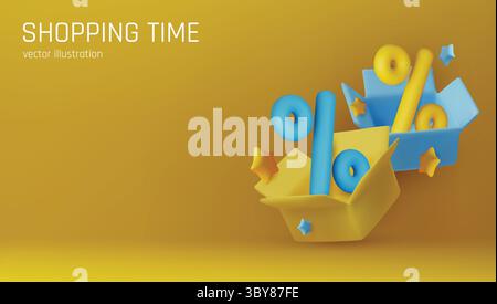 Modern 3D render of discount concept with percent sign inside a blue open box on a gradient background. Great for e-commerce promotions and sales Stock Vector