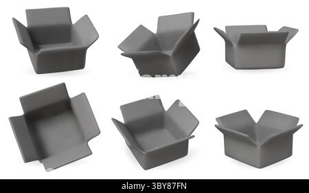 Collection of isometric open boxes on white background. Ideal for delivery, shipping, packaging, and online store visuals. Stock Vector