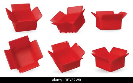 Collection of isometric red open boxes on white background. Ideal for delivery, shipping, packaging, and online store visuals. Stock Vector