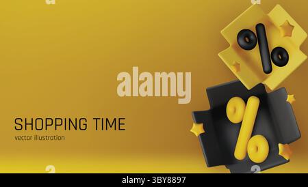 Modern 3D render of discount concept with percent sign inside a blue open box on a gradient background. Great for e-commerce promotions and sales Stock Vector