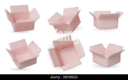 Collection of isometric open boxes on white background. Ideal for delivery, shipping, packaging, and online store visuals. Stock Vector