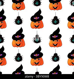 Halloween seamless pattern in hand draw style. Pumpkin, spider, cat. Jack-o-lantern wallpaper for your creativity. Print for design Stock Vector