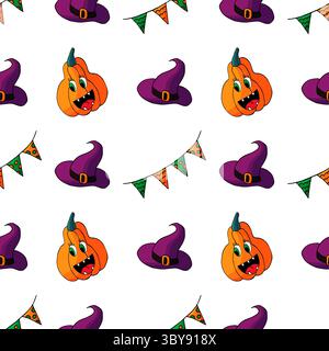 Halloween seamless pattern in hand draw style. Pumpkin, flags. Jack-o-lantern wallpaper for your creativity. Print Stock Vector