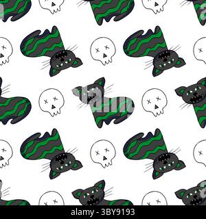 Halloween seamless pattern in hand draw style. Scary cat. Cute wallpaper for your creativity. Print for design, textile, fabric Stock Vector