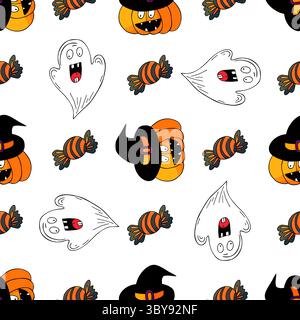 Halloween seamless pattern in hand draw style. Wallpaper for your creativity. Pumpkin, ghosts, witch hat. Print for design Stock Vector