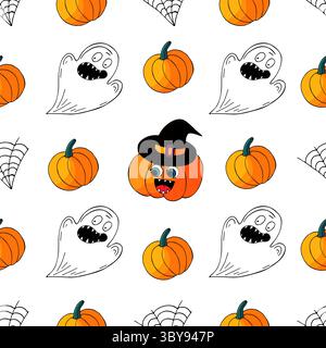 Halloween seamless pattern in hand draw style. Wallpaper. Pumpkin, ghosts, witch hat Stock Vector
