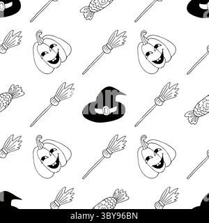 Halloween Monochrome pattern in hand draw style. Witch, broom. Wallpaper for your creativity. Print for design, textile, fabric, wallpaper Stock Vector