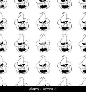 Halloween seamless pattern in hand draw style. Pumpkin in witch hat. Monochrome wallpaper for your creativity. Print for design, textile, fabric, wall Stock Vector