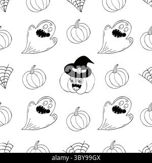 Halloween Monochrome pattern in hand draw style. Wallpaper. Pumpkin, ghosts, witch hat Stock Vector