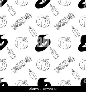 Halloween seamless pattern in hand draw style. Jack-o-lantern, candy. Monochrome wallpaper for your creativity. Print for design Stock Vector